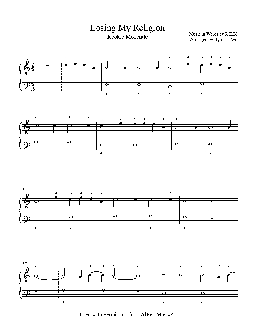 Losing My Religion By Rem Piano Sheet Music Rookie Level