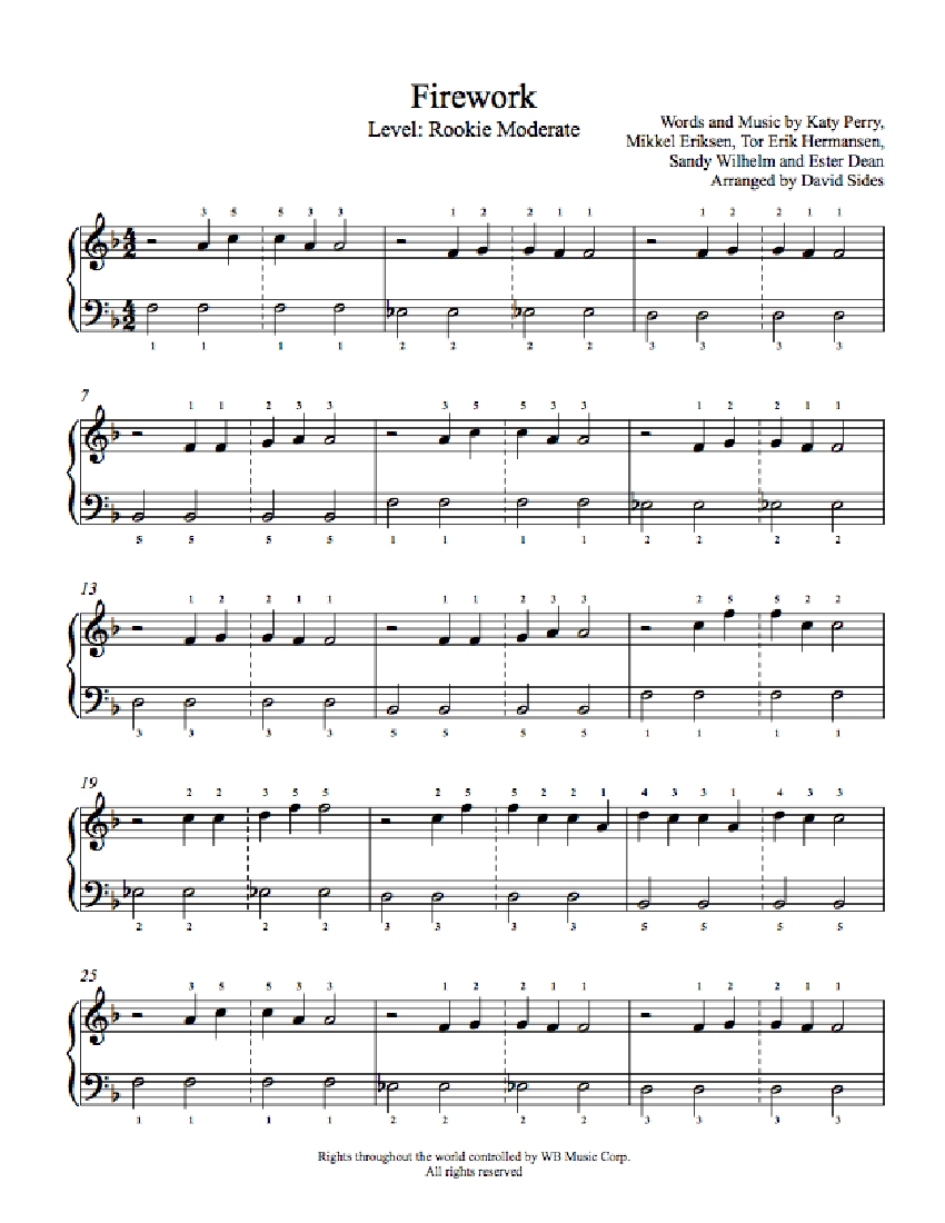 Firework By Katy Perry Piano Sheet Music Rookie Level 