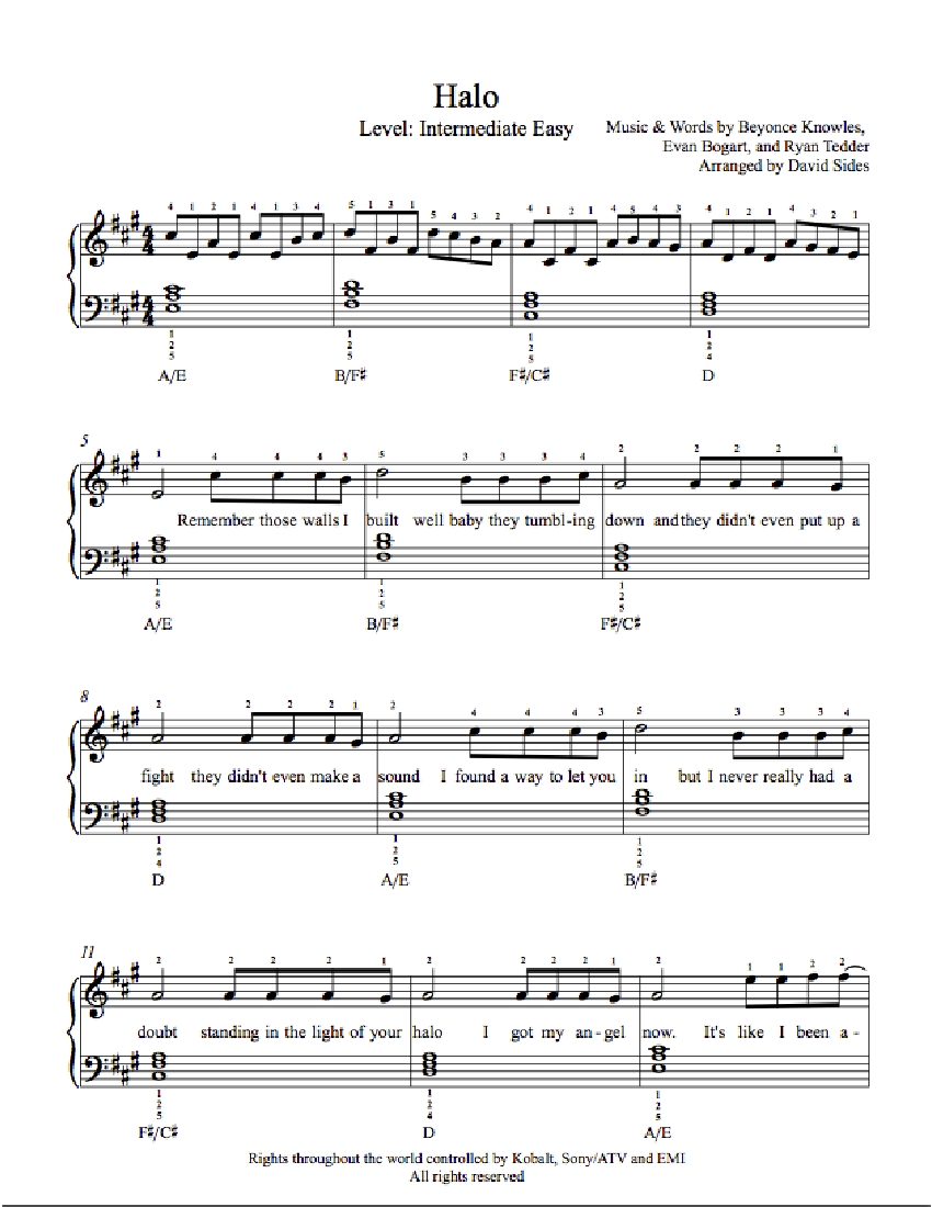 Halo by Beyoncé Knowles Piano Sheet Music | Intermediate Level